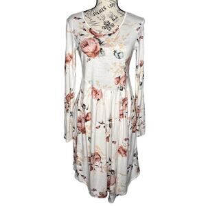 Pink Lily MEDIUM White Pink Floral Long Sleeve Scoop Round Neck Fit Flare Dress